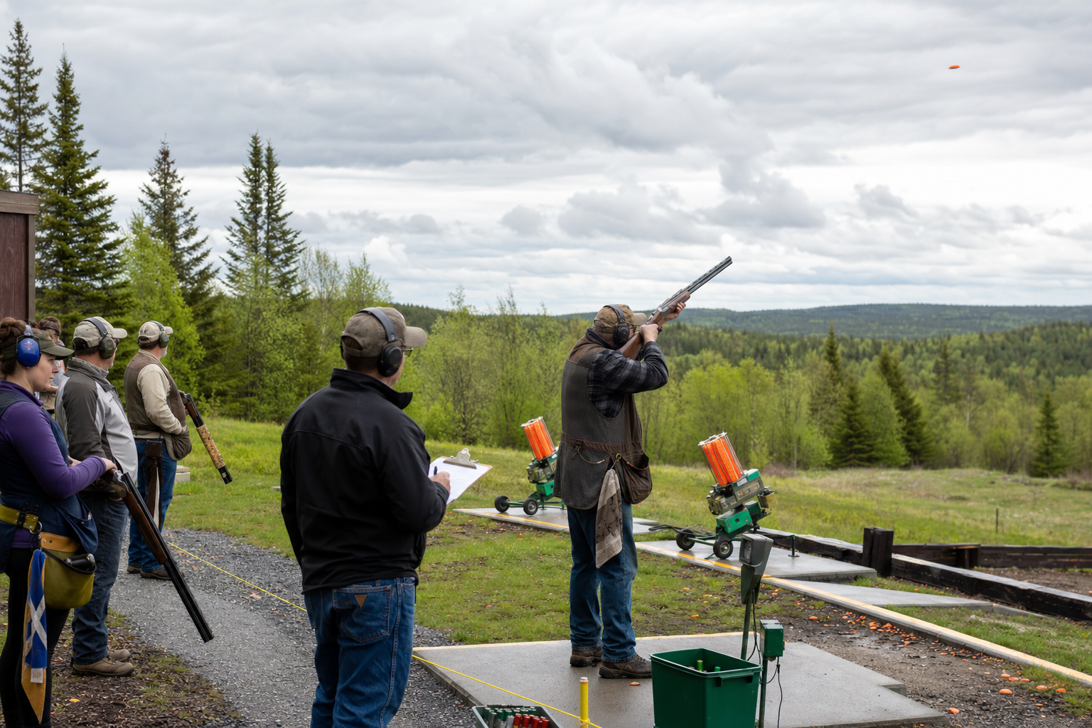 Shotgun competitors taking part in clay target events during the Victoria Day National Shooting Competition.