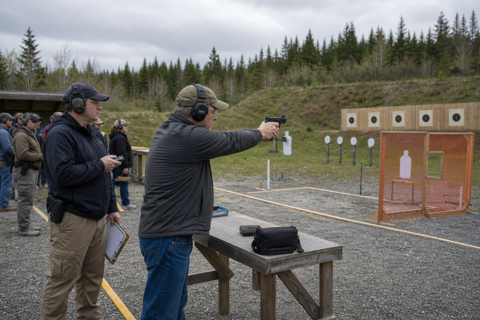 Pistol competitors and range officers during the Victoria Day National Shooting Competition.