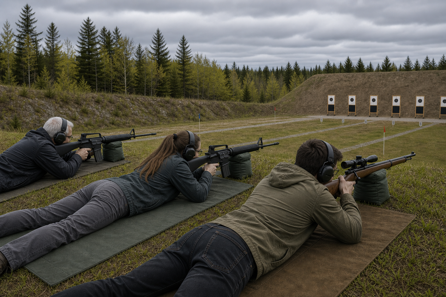 Civilian competitors on the service rifle range at Fort Forbes-Robertson during the Victoria Day National Shooting Competition.